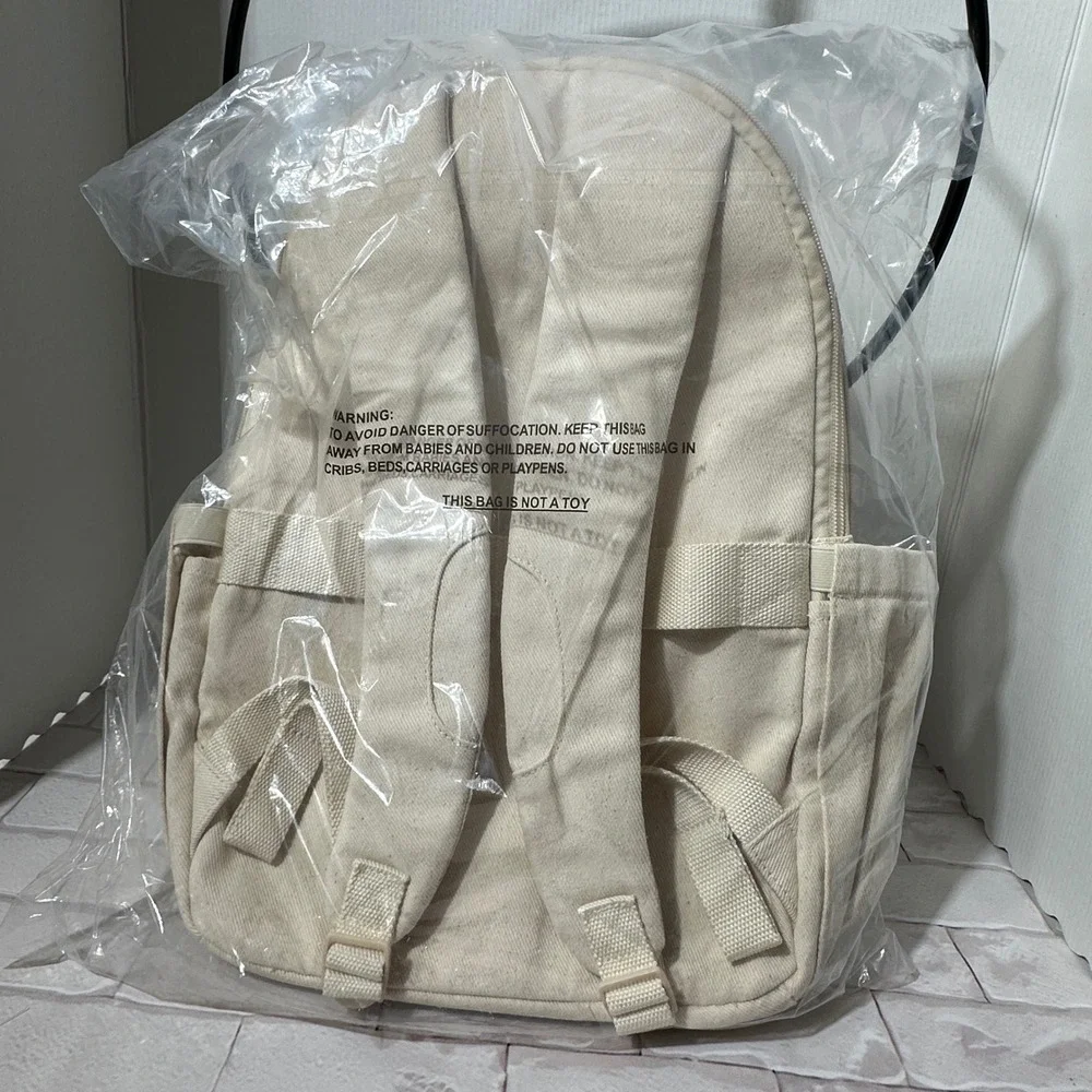 Open Story Canvas Backpack Beige Clear Front Pocket Adjustable‎ Straps New